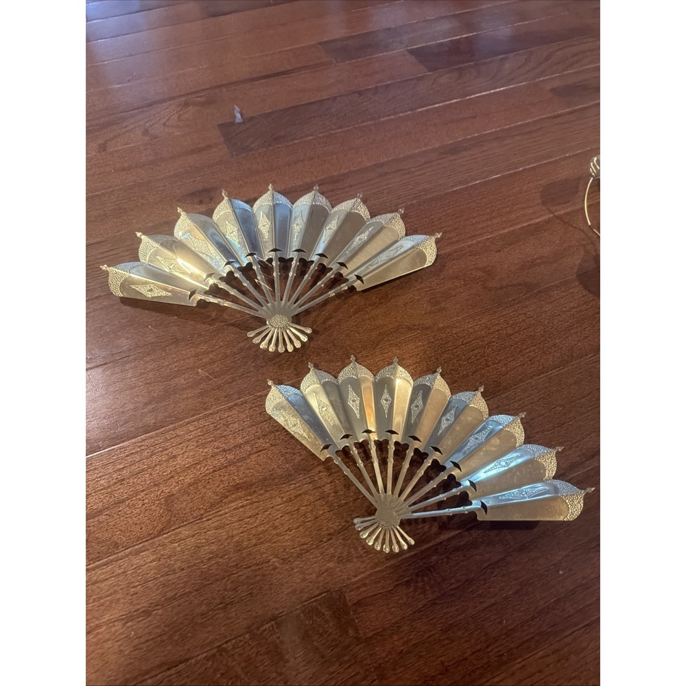 Vintage Home Interior Gold Tone Metal Fans Wall Accent Plaques Homco set of 2